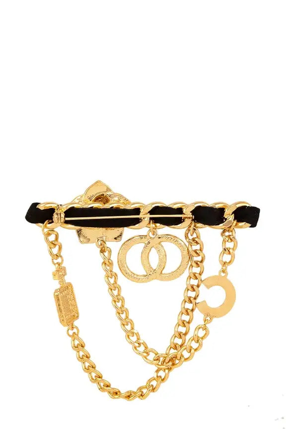 METAL FLOWER DOUBLE CIRCLE CHARM CHAIN BAR PIN BROOCH