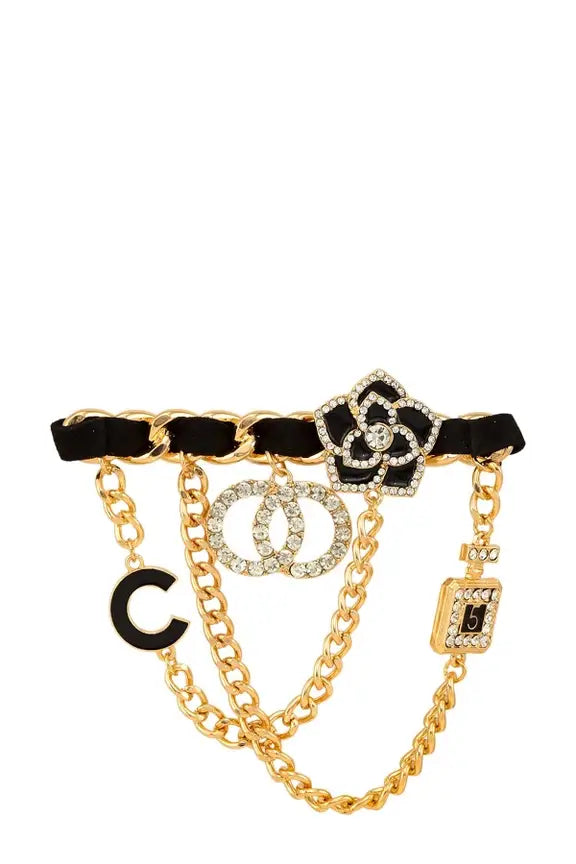 METAL FLOWER DOUBLE CIRCLE CHARM CHAIN BAR PIN BROOCH
